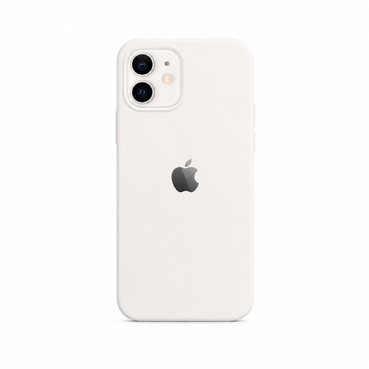  white color iphone case. there is an apple logo on the back side of the case. the image has a pure white background. 