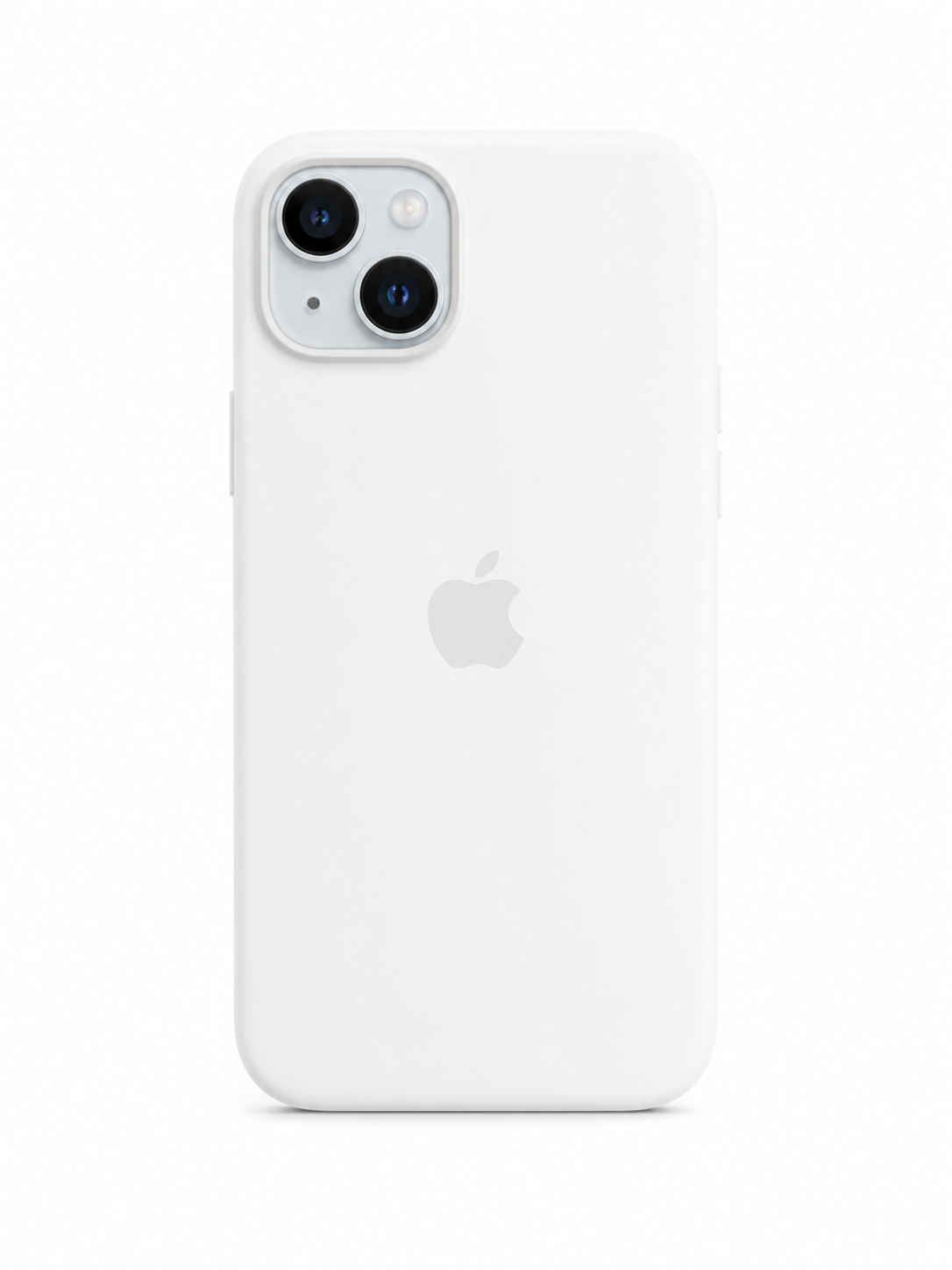 white color iphone 13 case with apple logo in the middle and white background of the silicone cover iphone 13 inserted in the cover