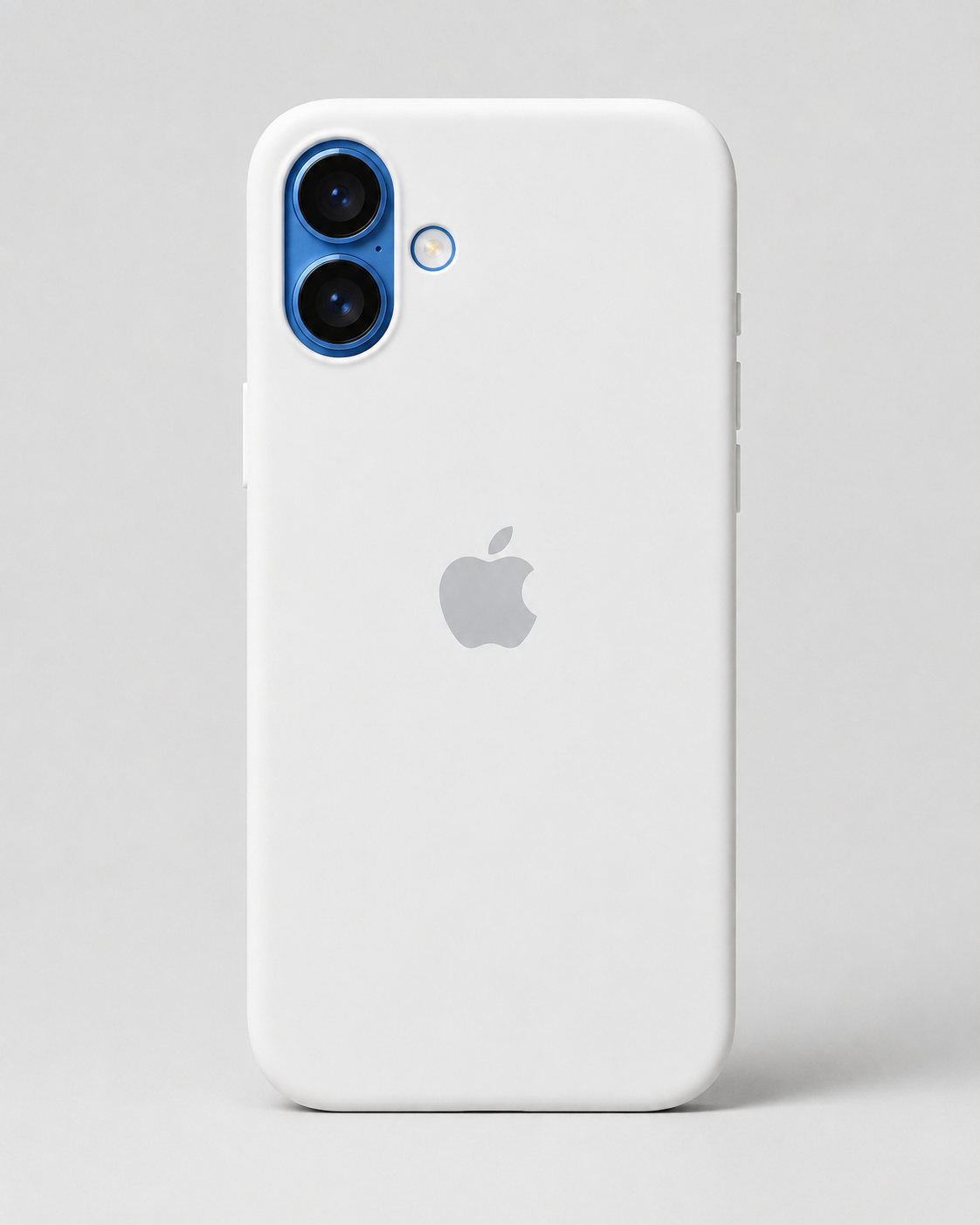 A white protective phone case shown on the back of an iPhone, featuring a matte finish, a gray Apple logo, and a blue camera ring accent.
