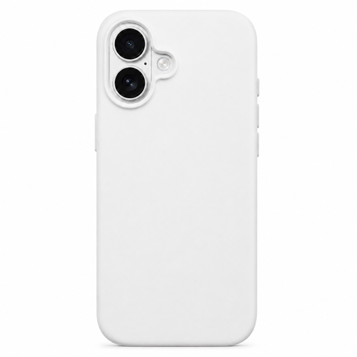 A plain white protective phone case shown from the back, designed with a camera cutout and side button cutouts, on a clean white background.