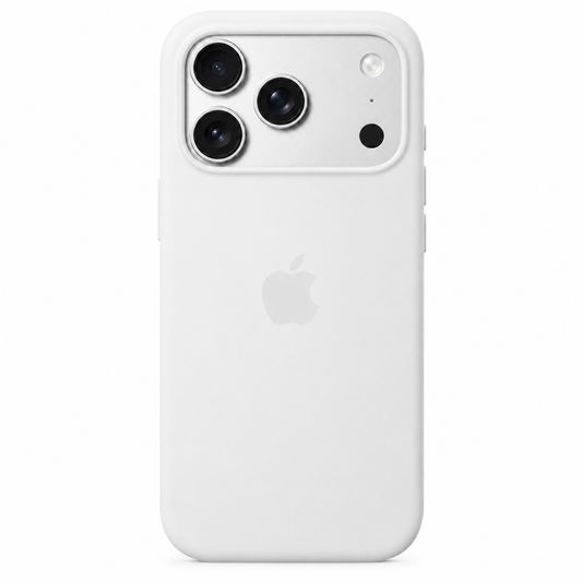 A white protective iphone 17 pro max phone case with a matte finish, shown on a white iPhone. The case features a subtle gray Apple logo in the center and is designed with a raised camera module cutout.