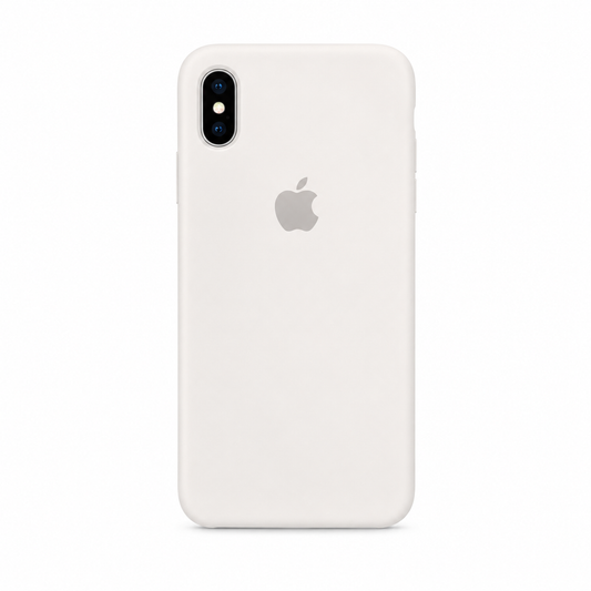A light off-white phone case shown from the back, featuring a cutout for a dual-camera system and a gray Apple logo in the center, set against a plain white background.